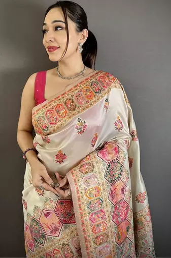 Off white ethnic motifs embroidered silk blend heavy work banarasi saree
