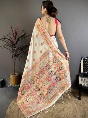 Off white ethnic motifs embroidered silk blend heavy work banarasi saree 3