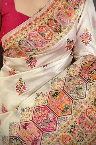 Off white ethnic motifs embroidered silk blend heavy work banarasi saree