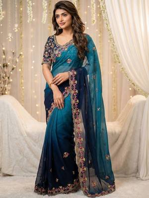 Blue floral embroidered poly georgette designer saree 1