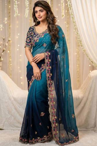 Blue floral embroidered poly georgette designer saree