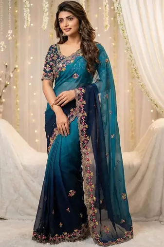 Blue floral embroidered poly georgette designer saree