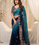 Blue floral embroidered poly georgette designer saree