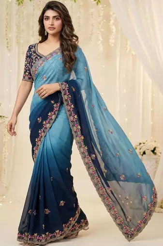 Blue floral embroidered poly georgette designer saree