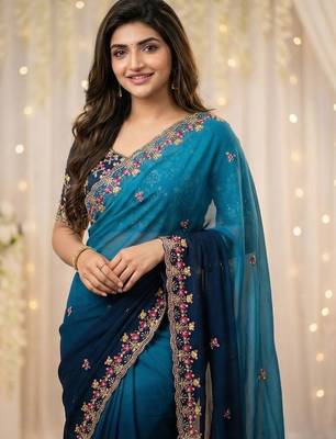 Blue floral embroidered poly georgette designer saree 4