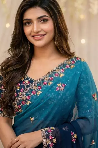Blue floral embroidered poly georgette designer saree