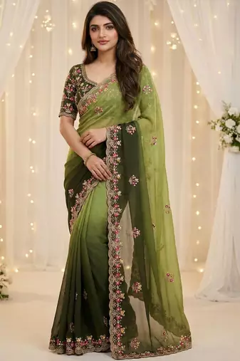 Green floral embroidered poly georgette designer saree