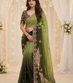 Green floral embroidered poly georgette designer saree