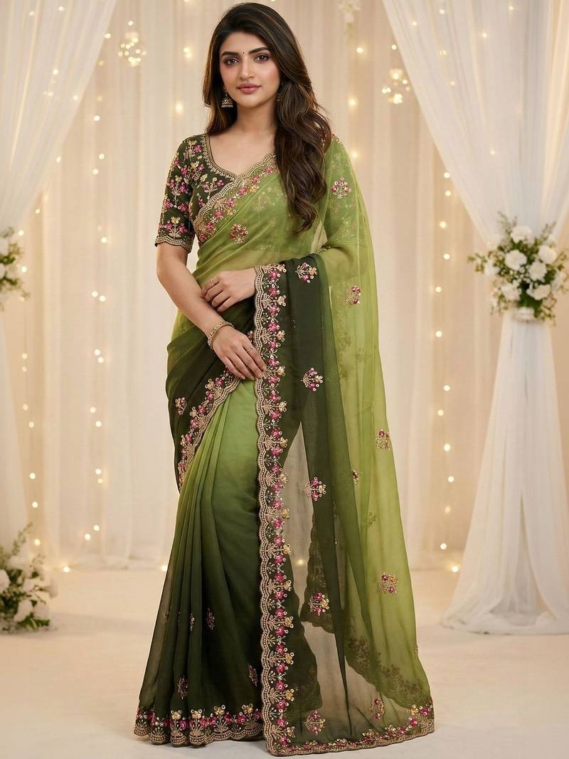 Green floral embroidered poly georgette designer saree