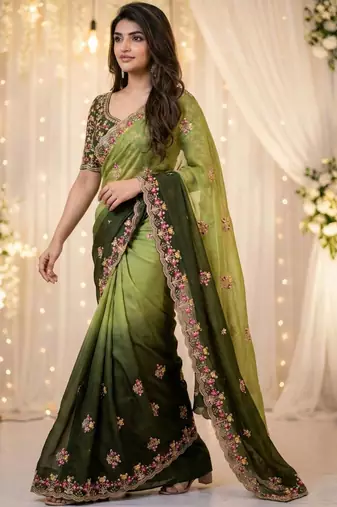Green floral embroidered poly georgette designer saree