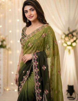 Green floral embroidered poly georgette designer saree 3