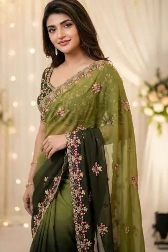 Green floral embroidered poly georgette designer saree