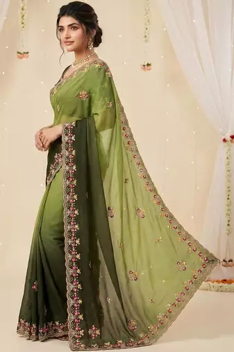 Green floral embroidered poly georgette designer saree