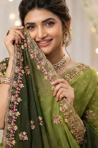Green floral embroidered poly georgette designer saree