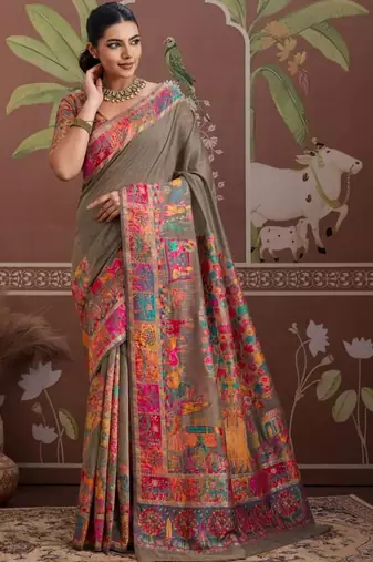 Grey floral silk blend banarasi saree