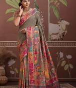 Grey floral silk blend banarasi saree