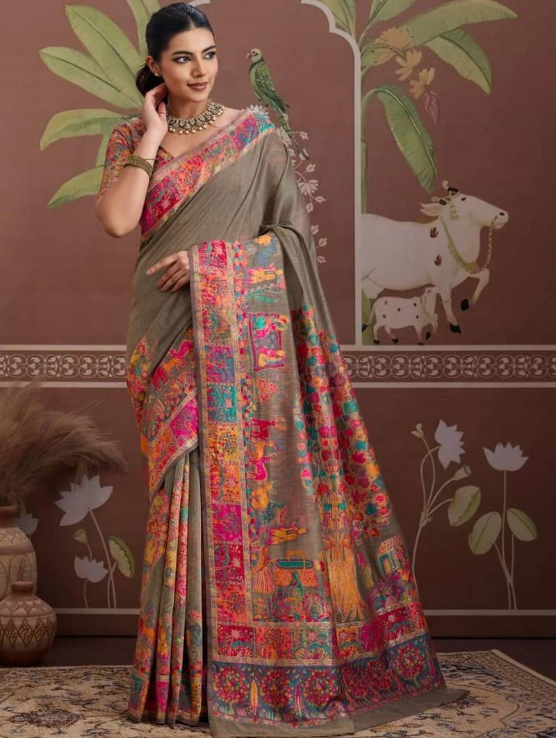 Grey floral silk blend banarasi saree