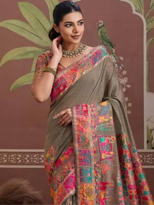 Grey floral silk blend banarasi saree 2