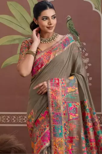 Grey floral silk blend banarasi saree