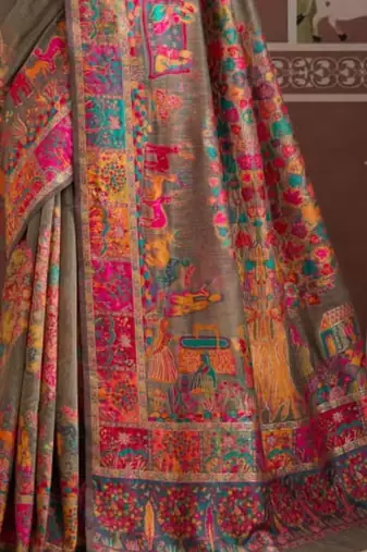 Grey floral silk blend banarasi saree
