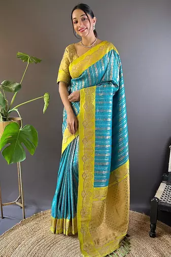 Blue woven design zari silk blend banarasi saree