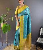 Blue woven design zari silk blend banarasi saree