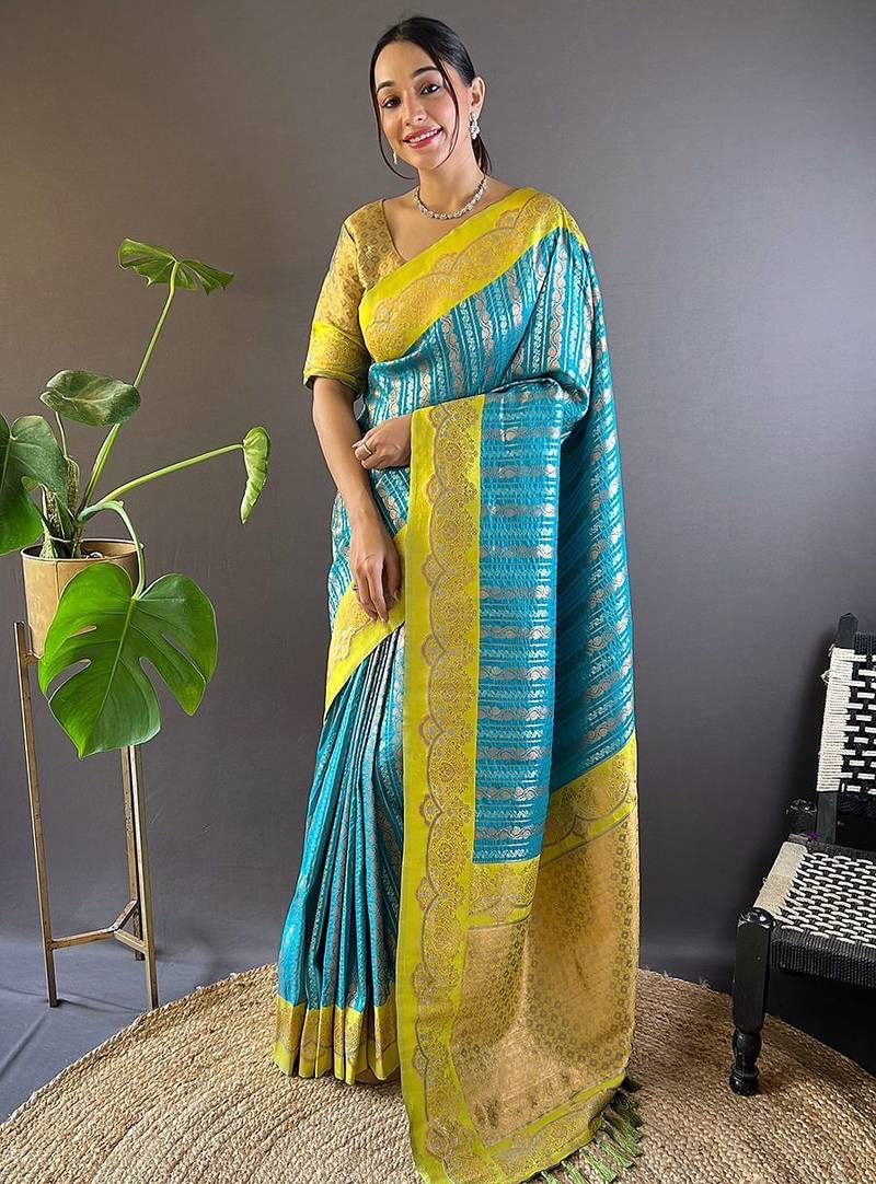 Blue woven design zari silk blend banarasi saree