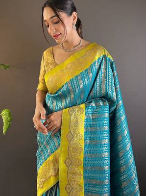 Blue woven design zari silk blend banarasi saree 2