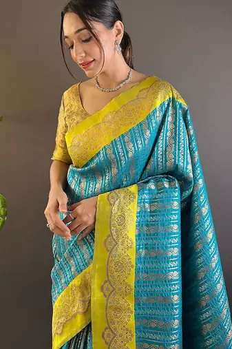 Blue woven design zari silk blend banarasi saree