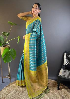 Blue woven design zari silk blend banarasi saree 3