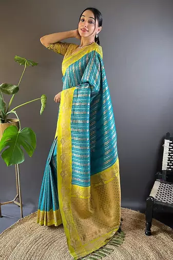 Blue woven design zari silk blend banarasi saree