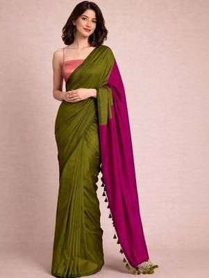 Olive colourblocked  cotton half and half khadi saree 1