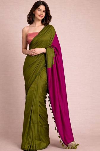 Olive colourblocked  cotton half and half khadi saree