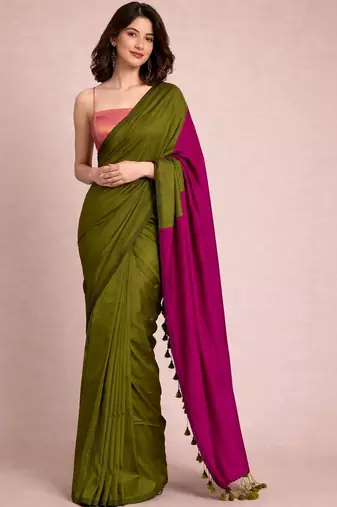 Olive colourblocked  cotton half and half khadi saree