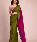 Olive colourblocked  cotton half and half khadi saree