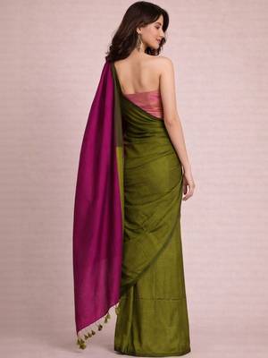 Olive colourblocked  cotton half and half khadi saree 2