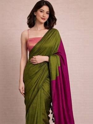 Olive colourblocked  cotton half and half khadi saree 3