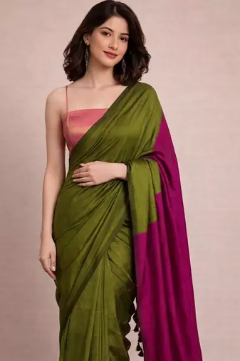 Olive colourblocked  cotton half and half khadi saree