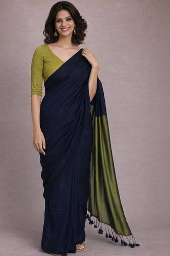 Navy blue colourblocked  cotton khadi saree