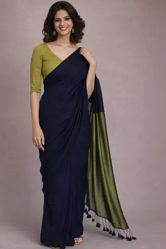 Navy blue colourblocked  cotton khadi saree
