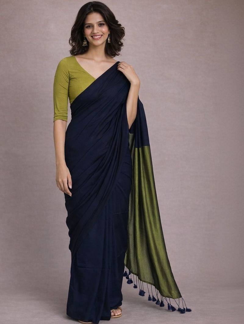 Navy blue colourblocked  cotton khadi saree