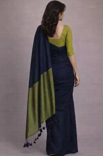 Navy blue colourblocked  cotton khadi saree