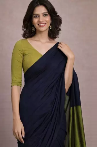 Navy blue colourblocked  cotton khadi saree