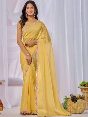 Yellow embellished embroidered  chiffon saree 1