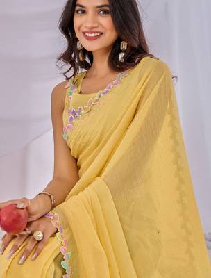 Yellow embellished embroidered  chiffon saree 2