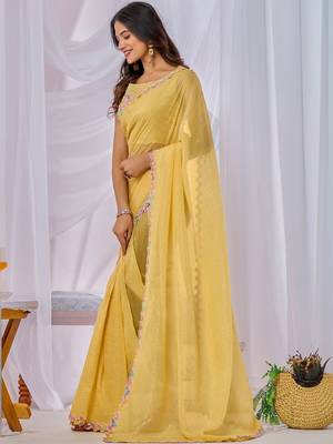 Yellow embellished embroidered  chiffon saree 4
