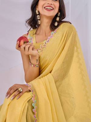 Yellow embellished embroidered  chiffon saree 5