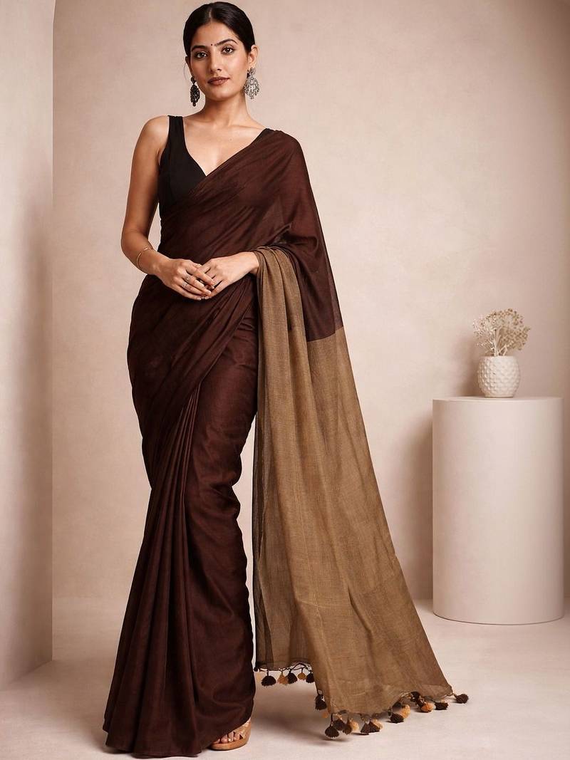 Brown  cotton khadi saree