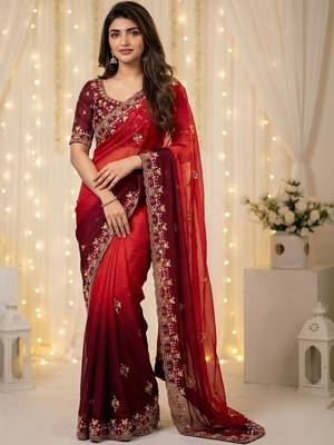 Red floral embroidered poly georgette designer saree 1