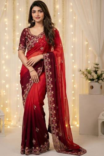 Red floral embroidered poly georgette designer saree